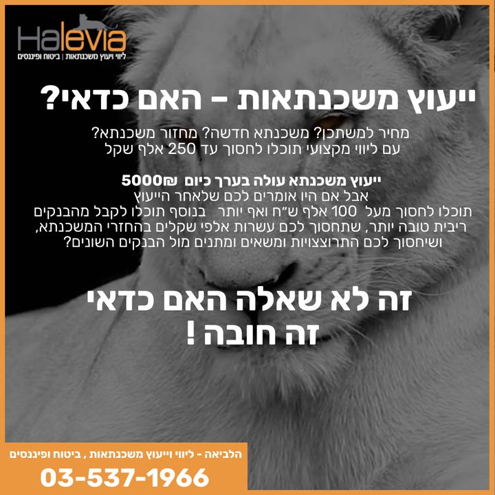 ייעוץ משכנתא בתנאים כיום של הבנקים זה חובה !
ייעוץ משכנתא עולה 5000₪
אבל אם היו אומרים לכם שלאחר הייעוץ
תוכלו לחסוך מעל 100,000 אלף ש״ח ואף יותר
בנוסף תוכלו לקבל מהבנקים
ריבית טובה יותר, שתחסוך לכם עשרות אלפי שקלים בהחזרי המשכנתא, ושיחסוך לכם התרוצצויות ומשאים ומתנים מול הבנקים השונים?
לפרטים נוספים :
בטלפון 03-537-1966
בנייד : 050-558-3847
בוואטסאפ : https://bit.ly/halevia_il
באתר : https://www.halevia.co.il/
#ביטוחמשכנתא #משכנתא #משכנתא_מותאמת_אישית #משכנתאהפוכה #ייעוץמשכנתאות #מיחזורמשכנתא